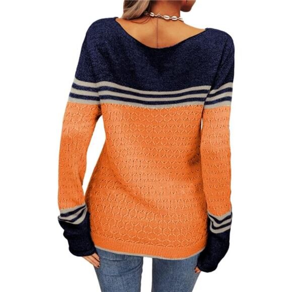 Women’s Colorblock Pullover Sweater: Slim Fitting Striped Knitwear Top - Picture 4 of 6
